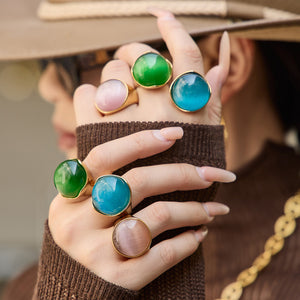 Large Oval Cat Eye Stone Rings Green Blue Gray Gold