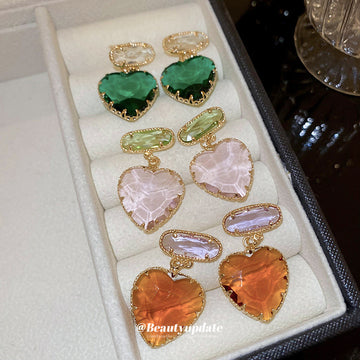 Faceted Heart Drop Earrings in Emerald Green and Amber Brown