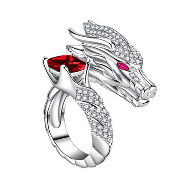 Silver Tone Dragon Head Open Adjustable Ring Square Gem