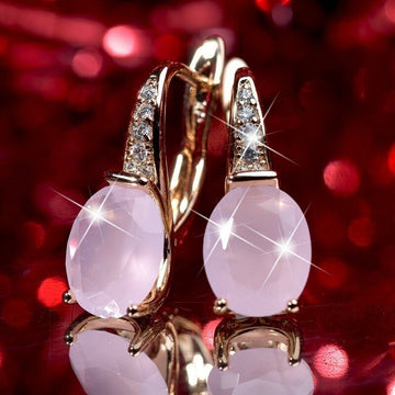 Gold Pink Oval Stone Leverback Earrings Clear CZ Accents