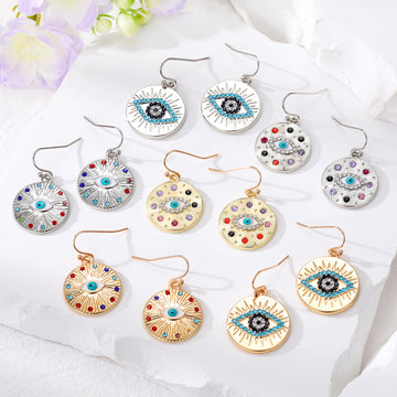 Gold and Silver Tone Crystal Evil Eye Round Hook Earrings