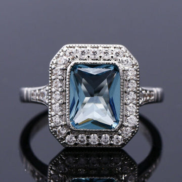 Silver Tone Blue Rectangular Stone Double Halo Ring