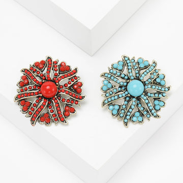 Sunburst Turquoise or Red Beaded Flower Brooch Crystal Pin