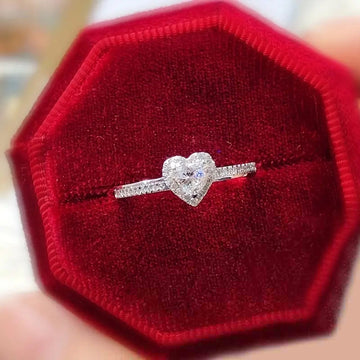 Silver Tone Clear Heart Halo Pave Band Finger Ring