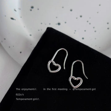 Silver Open Heart Wire Hook Drop Earrings Minimal Pair