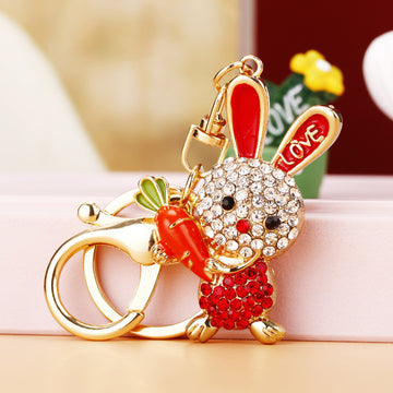 Jeweled Rabbit Holding a Carrot Keychains in Pink Red and Blue