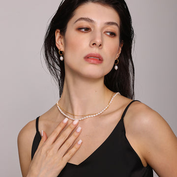 Gold Double Layer Freshwater Pearl And Chain Necklace Set