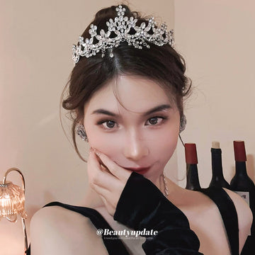 Silver Tone Floral Crystal Tiara Headband With Hanging Drops
