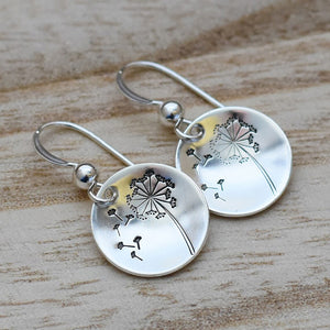 Engraved Dandelion Round Disc Hook Earrings In Silver Tone