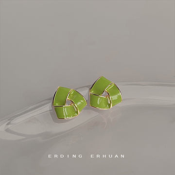 Gold-Tone Lime Green Enamel Twisted Geometric Stud Earrings