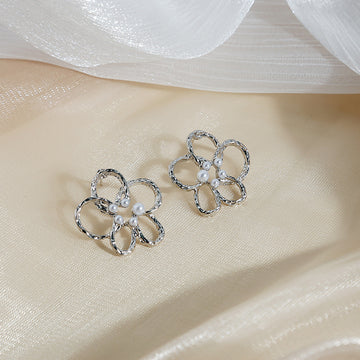 Silver Hammered Open Flower Stud Earrings Pearl Center