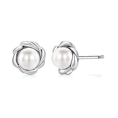 Duplicate front view silver pearl twisted knot studs