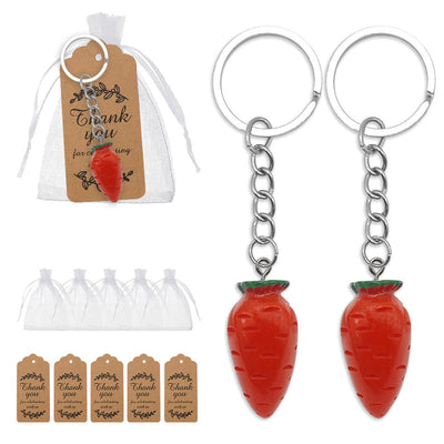 Red carrot keychains with organza bags and kraft thank-you tags
