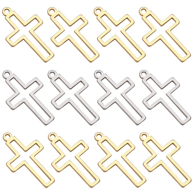 Gold-tone cross charms arranged on a light background