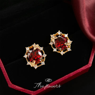 Wine Red Oval Crystal Butterfly Frame Stud Earrings Gold