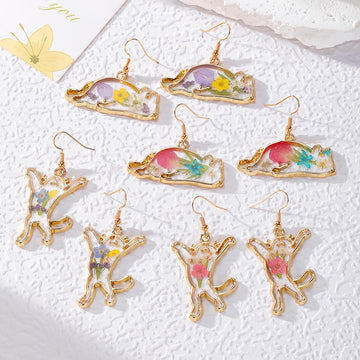 Gold Cat Silhouette Pressed Flower Drop Earrings 4 Styles