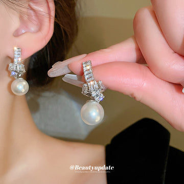 Silver Tone Crystal Knot and Pearl Drop Earrings Decorative Jewelry