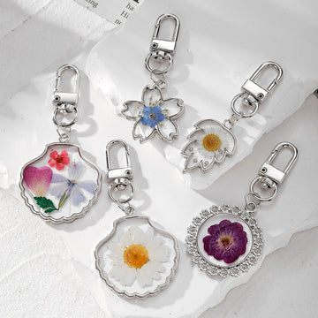 Pressed Flower Shell and Floral Clip Keychains in Silver Tone