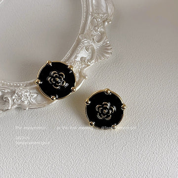 Black Enamel Round Camellia Stud Earrings Gold Tone Prongs