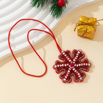Beaded Red Snowflake Pendant Necklace With White Accents
