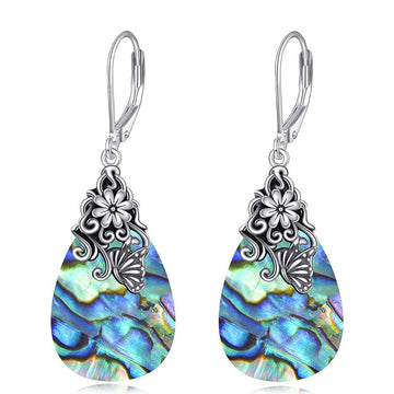 Silver Abalone Teardrop Lever Back Earrings Flower Butterfly