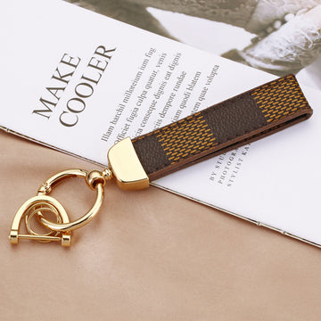 Classic Patterned Leather Wrist Strap Keychain in Brown and Tan