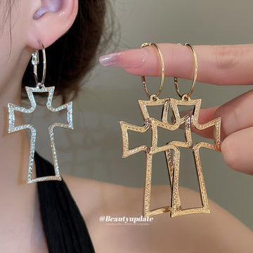 Open Cross Hoop Earrings in Gold and Silver with Polished Metal Details