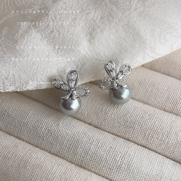 Silver Tone Clear Petal Flower And Gray Pearl Stud Earrings