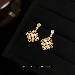 Gold Filigree Square Pearl Drop Earrings Teardrop Studs