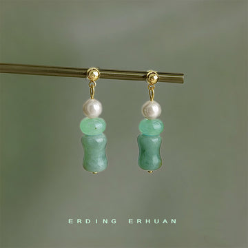 Gold Ball Stud Pearl Green Bamboo Glass Drop Earrings