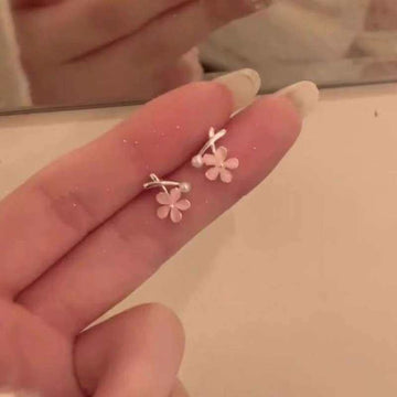 Tiny Pink Flower Stud Earrings with Metal Settings