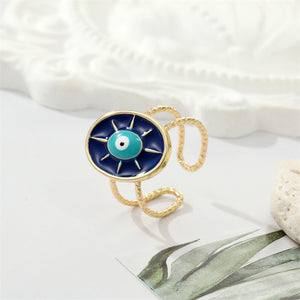 Gold-Tone Open Ring with Navy Enamel Evil Eye and Textured Band