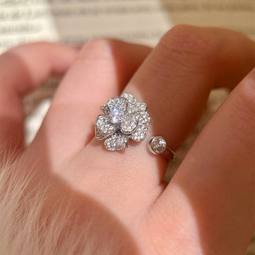 Silver Tone Zircon Flower Open Ring Adjustable Band
