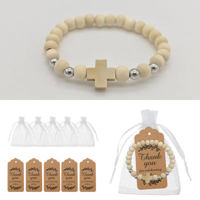 Natural wood bead cross bracelets with bags and kraft tags