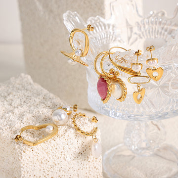 Metal Heart Pearl Earring Assortment Gold Steel Rose Gold