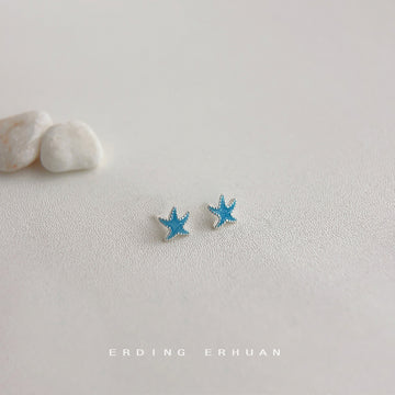 Silver-Tone Mini Blue Enamel Starfish Stud Earrings