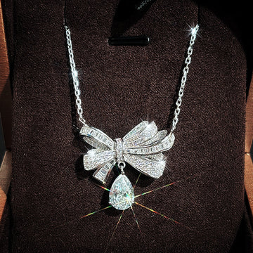 Silver Pave Bow Teardrop Pendant Necklace Alloy Cable Chain