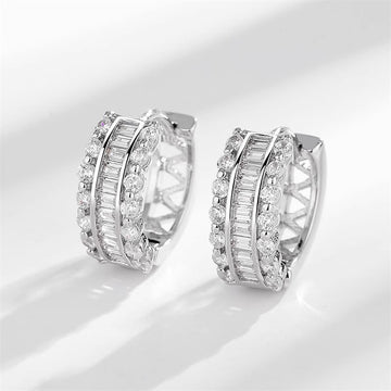 Silver Tone CZ Baguette Huggie Hoop Earrings Metal Pair