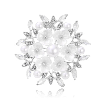 White Flower Crystal Pearl Look Two Designs Metal Brooch Pin