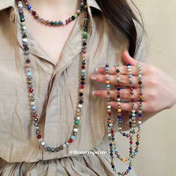 Multicolor Beaded Long Necklace With Mixed Round Stones
