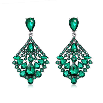 Green Crystal Chandelier Dangle Earrings with Teardrop Stones