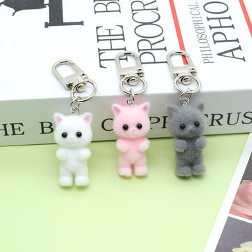 Flocked Standing Cat Clip Keychains in Three Colors