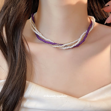 Purple Gold and Silver Tone Multi Strand Beaded Necklace