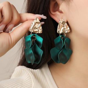 Green Layered Petal Drop Earrings with a Gold-Tone Triangle Top