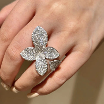 Silver Rhinestone Multi Petal Flower Open Band Ring