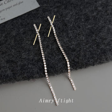 Gold Tone Slanted Bar Clear Stone Long Tassel Stud Earrings