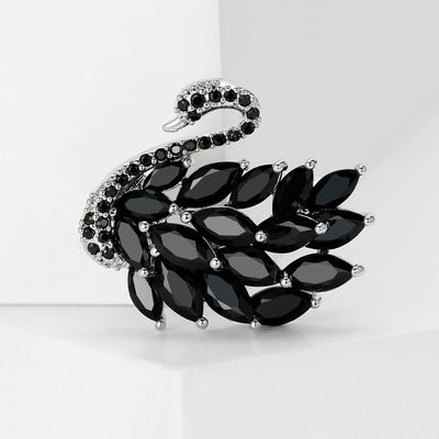 Black crystal mini swan brooch silver tone front
