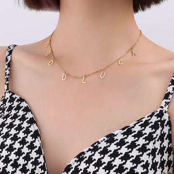 Good Luck Letter Charm Station Necklace Gold Tone Chain