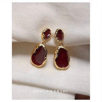 Wine Red Enamel Irregular Drop Earrings Gold Tone Pair