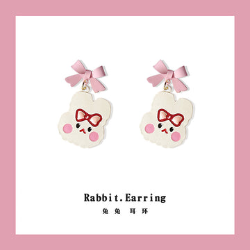 White Bunny Face Pink Bow Drop Earrings Matching Pair Style
